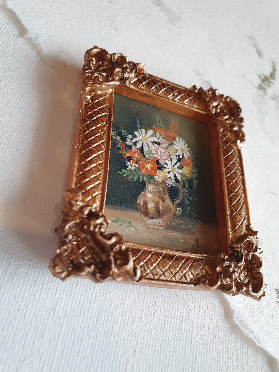 Miniature flowers oil painting, Original tiny art work, Hand painted mini picture