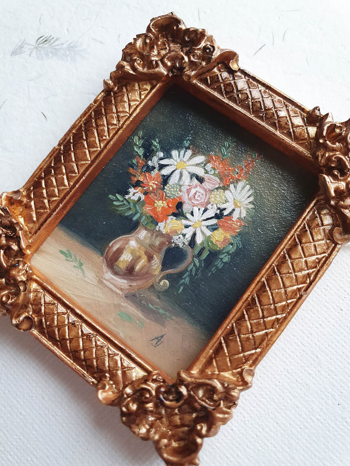 Miniature flowers oil painting, Original tiny art work, Hand painted mini picture