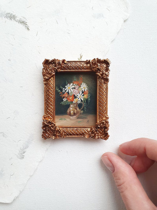 Miniature flowers oil painting, Original tiny art work, Hand painted mini picture