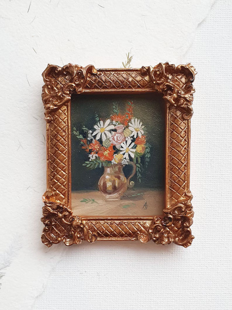 Miniature flowers oil painting, Original tiny art work, Hand painted mini picture