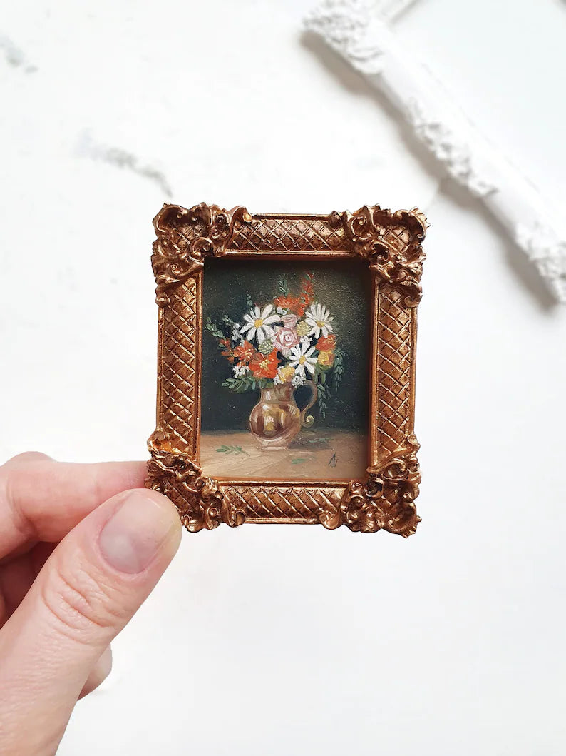 Miniature flowers oil painting, Original tiny art work, Hand painted mini picture