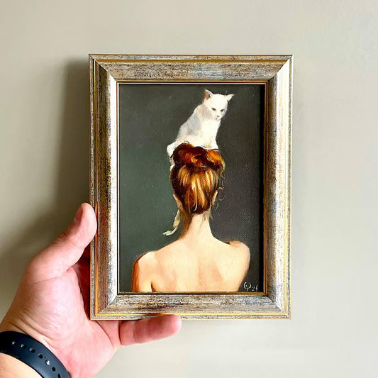 Small oil painting woman with white cat Female faceless portrait Cat lover gift 5x7 original framed art Bedroom wall decor Gift for her