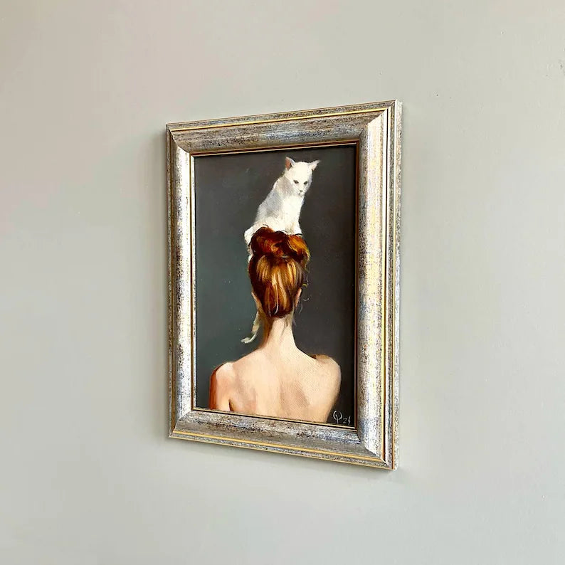 Small oil painting woman with white cat Female faceless portrait Cat lover gift 5x7 original framed art Bedroom wall decor Gift for her