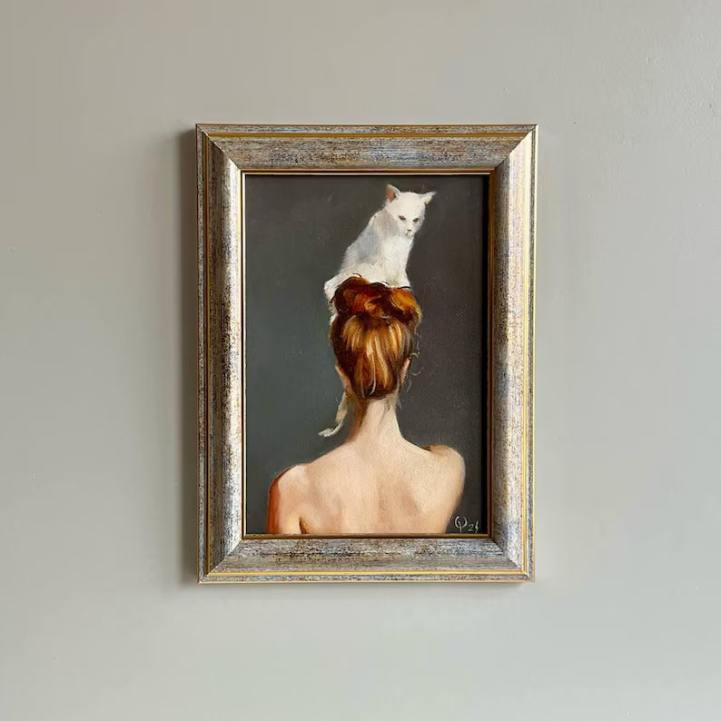 Small oil painting woman with white cat Female faceless portrait Cat lover gift 5x7 original framed art Bedroom wall decor Gift for her