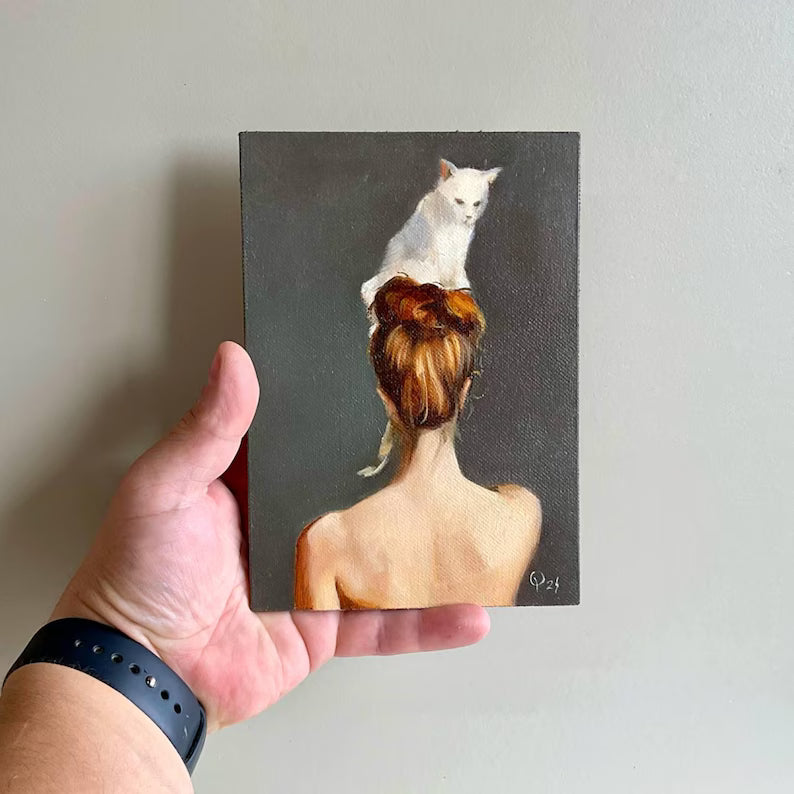 Small oil painting woman with white cat Female faceless portrait Cat lover gift 5x7 original framed art Bedroom wall decor Gift for her